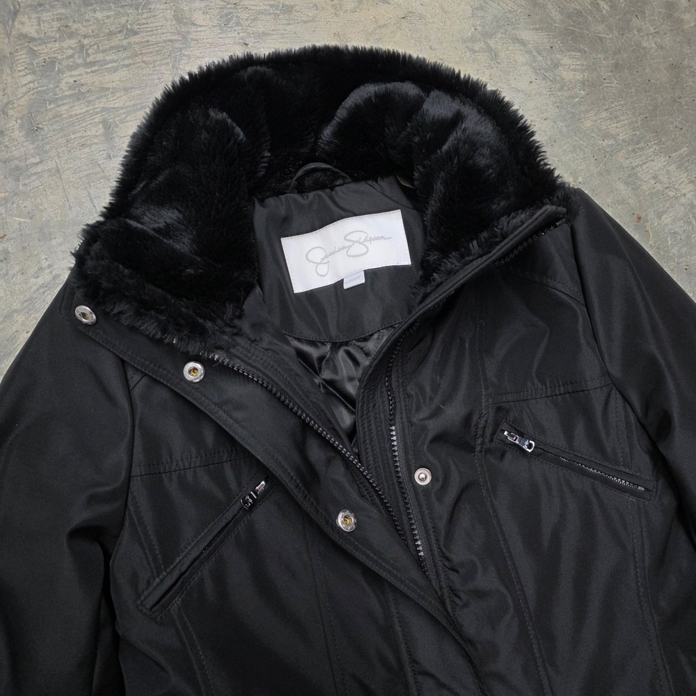 Jessica Simpson Black Faux Fur Trim Hooded Winter Parka Jacket Women XS